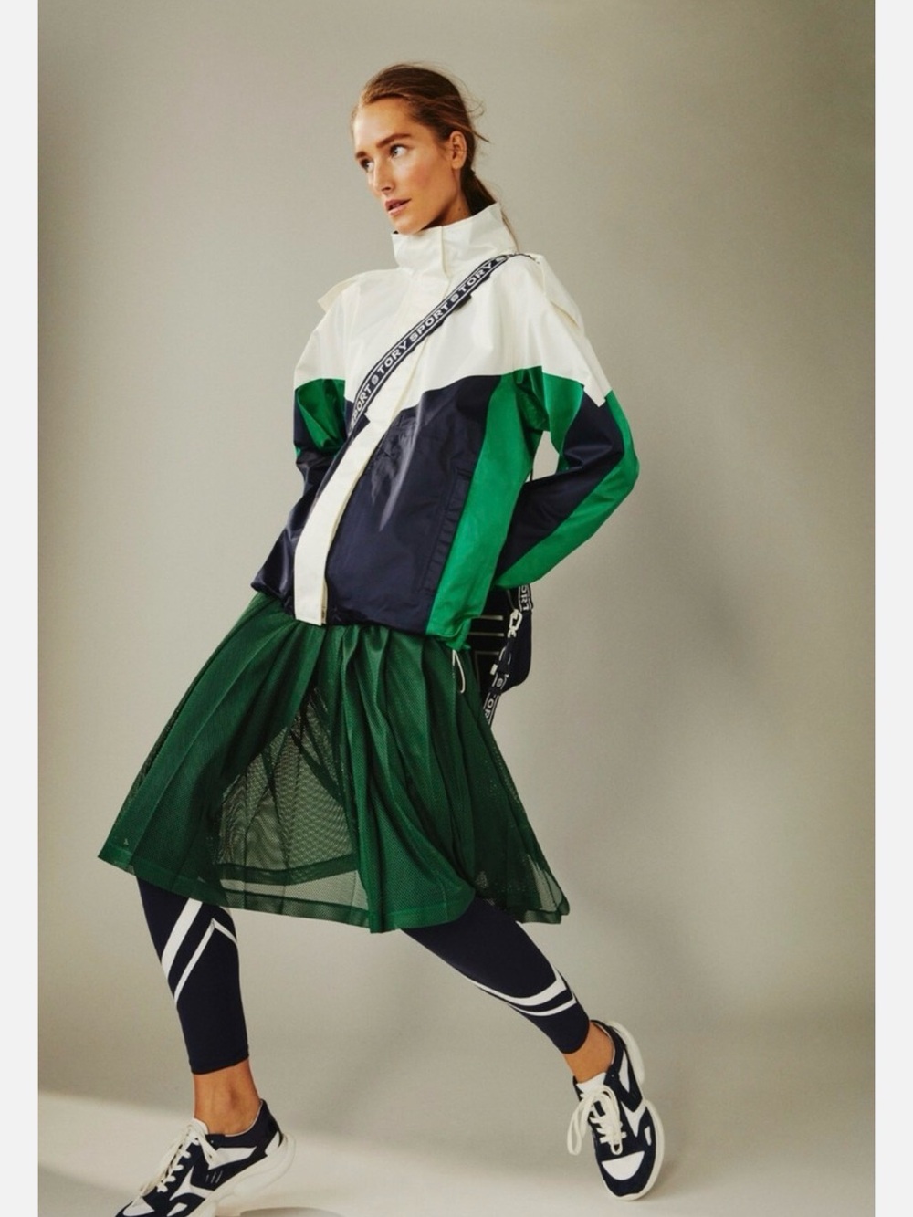 Tory Sport Navy, White & Green Color-Trim rain Jacket